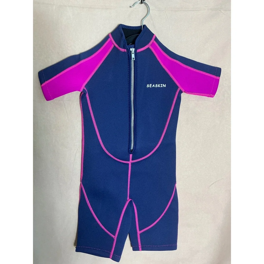Seaskin Wetsuit Girls Size 6 Navy Blue Pink Excellent Shorty Front Zip Short Slv